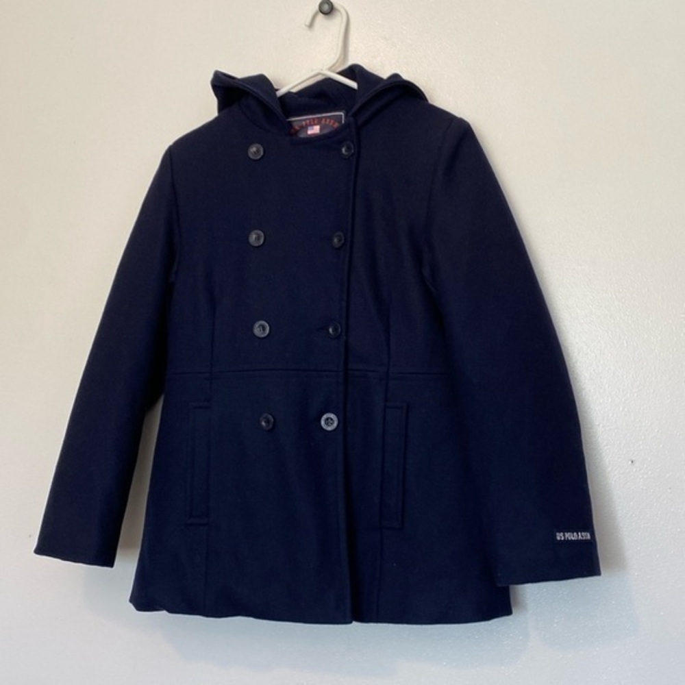 U.S. Polo ASSN.navy button up wool blend hooded pea coat size large